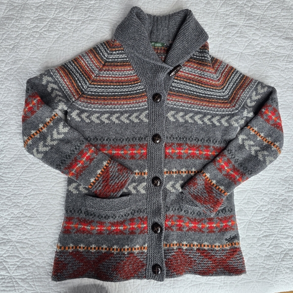 Woolrich Sweaters - Woolrich Gray Shawl Collar Fair Isle Wool Cardigan with Red & Orange Accents